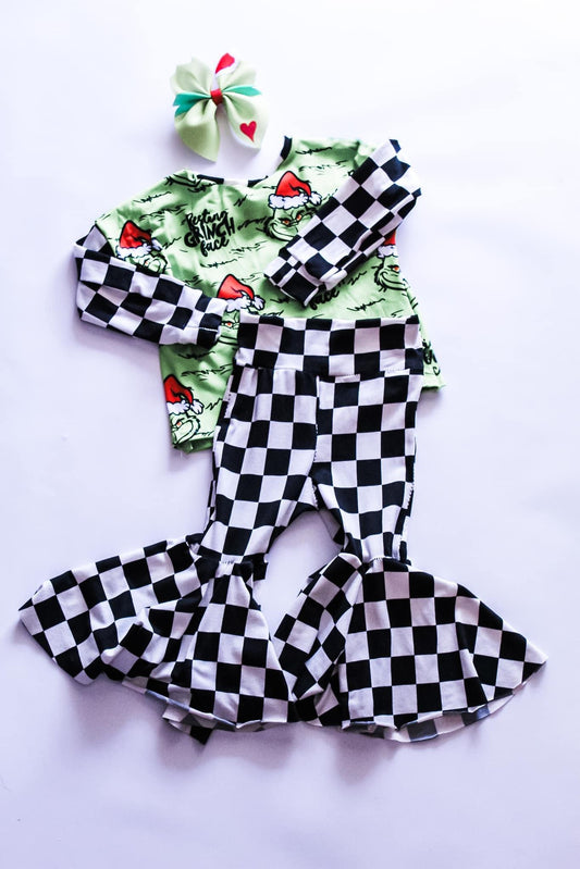 Longsleeve Grinch Tee and Checker Bellbottoms